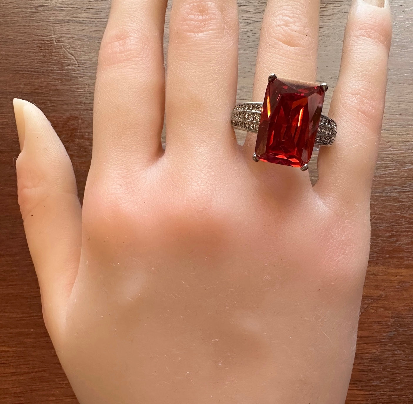 Sterling Silver 925 Large Rhinestone Emerald Cut Red Stone Cocktail Ring Sz 12