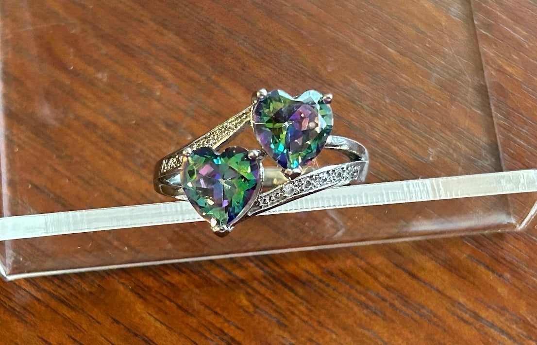 Sterling Silver 925 Mystic Topaz Heart Stone Bypass Style Ring Sz 6