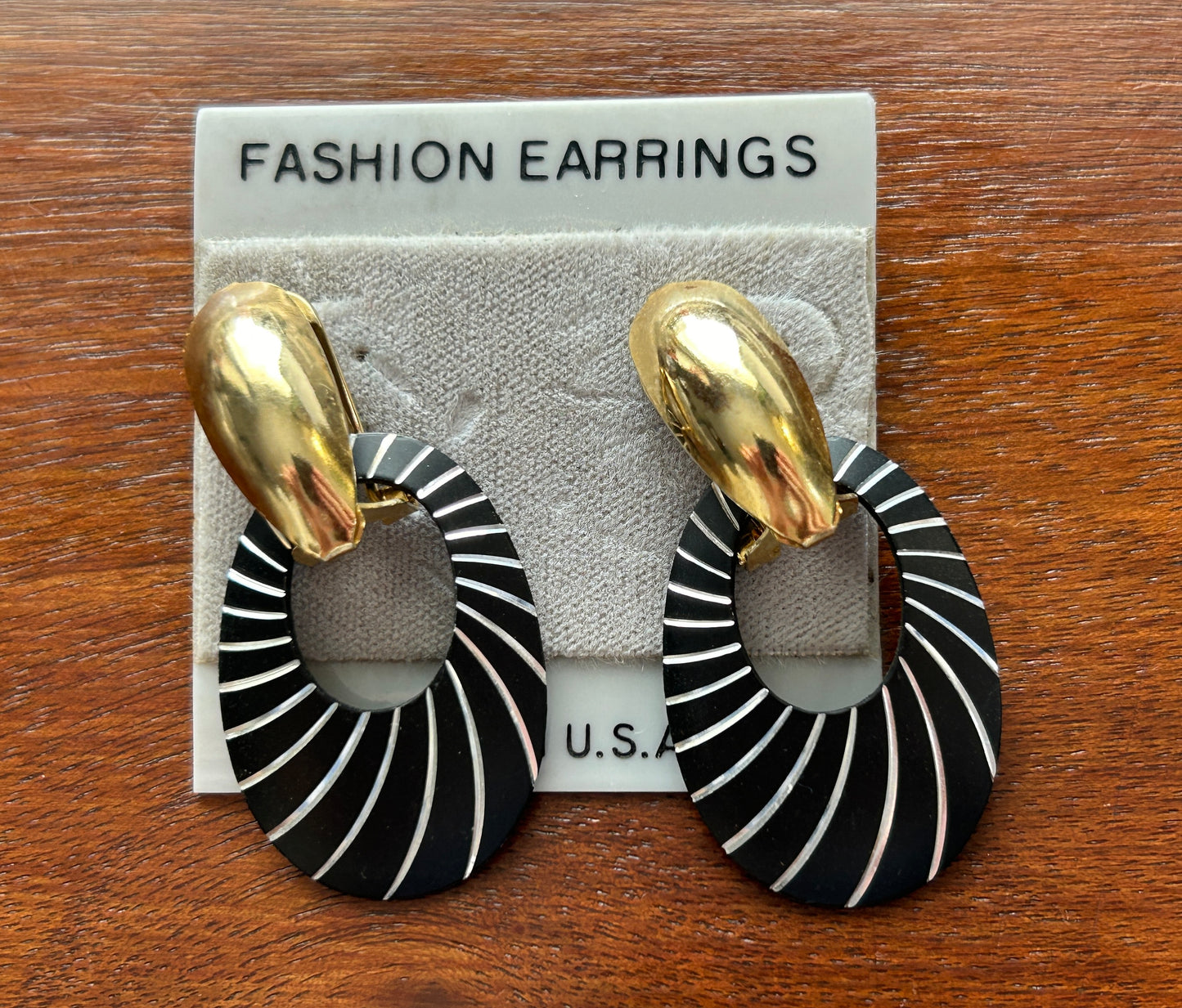 Vintage Gold Tone Black Silver Zebra Knocker Pierced Earrings