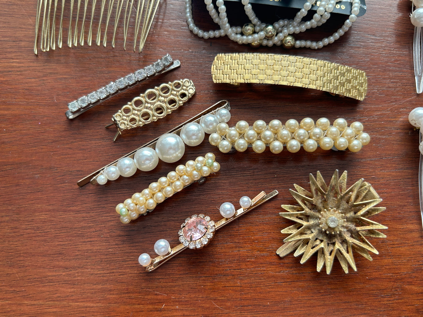 Vintage to Now Hair Accessories Lot Clips Combs Barrettes Faux Pearls Rhinestone