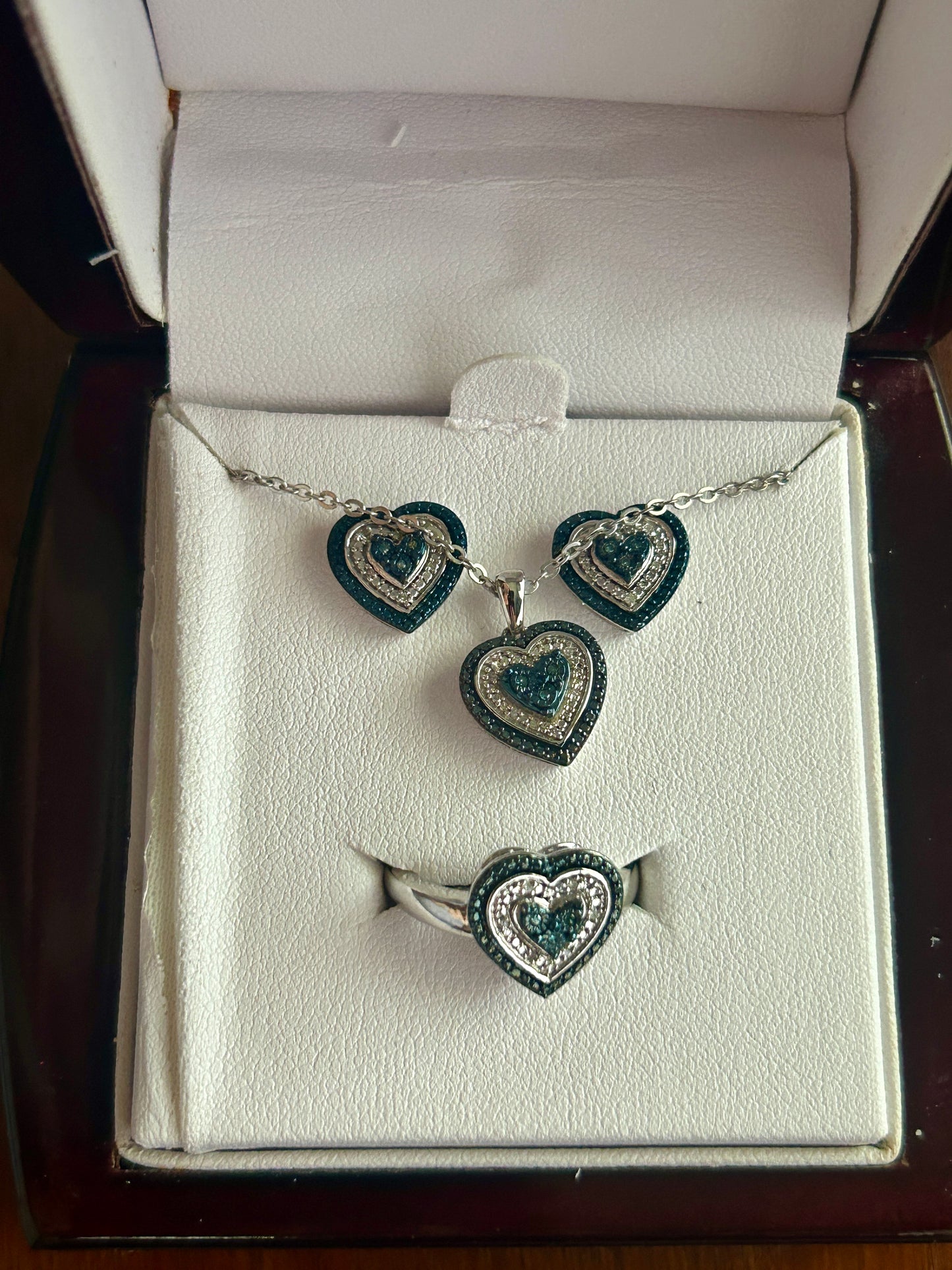 Silver Plate Brass 1/10ctw Heart Blue Diamond Jewelry Set Necklace Earrings Ring