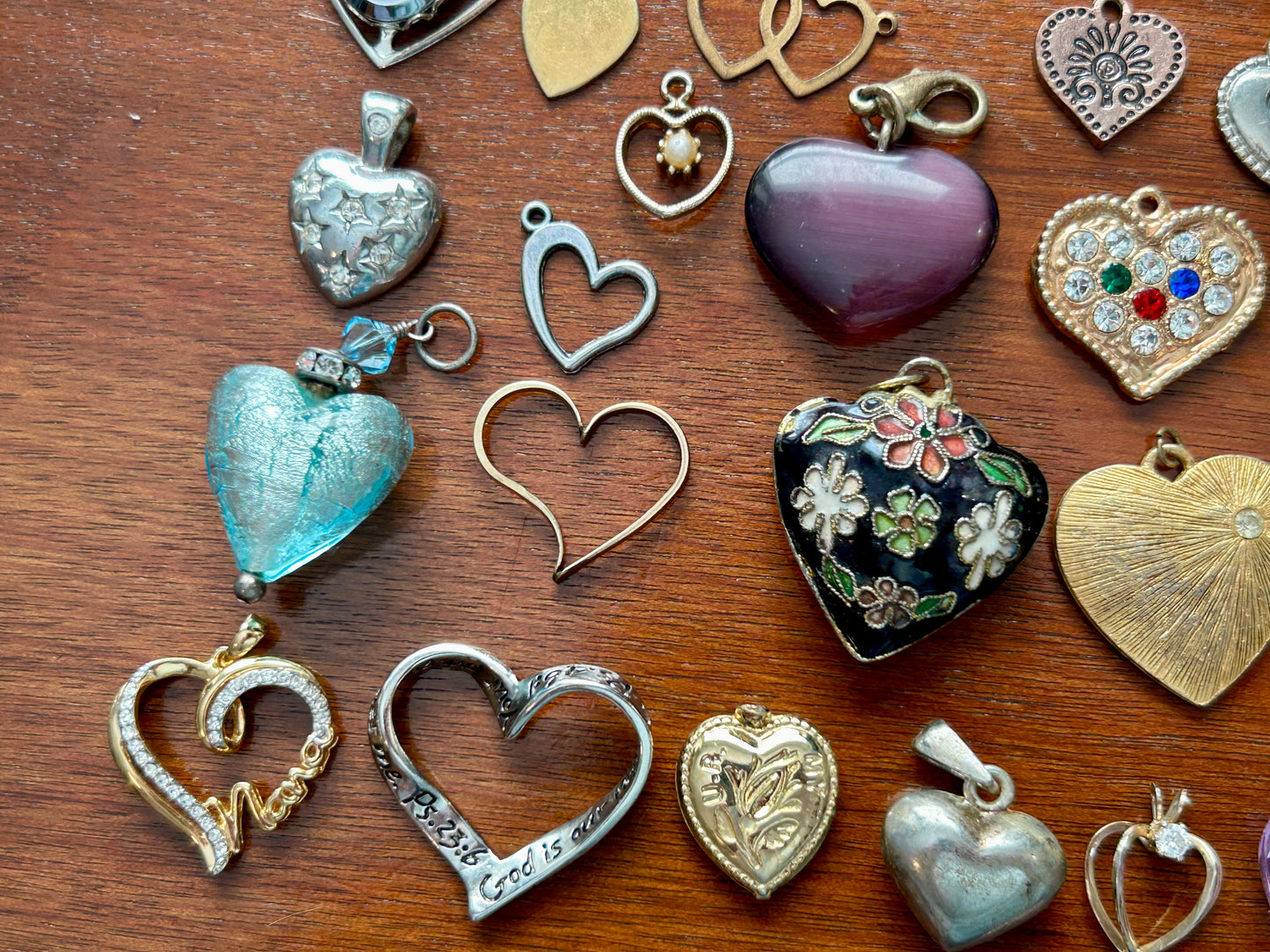 Vintage to Now Heart Shaped Pendant Charms Lot Gold Rhinestone Glass Puffy