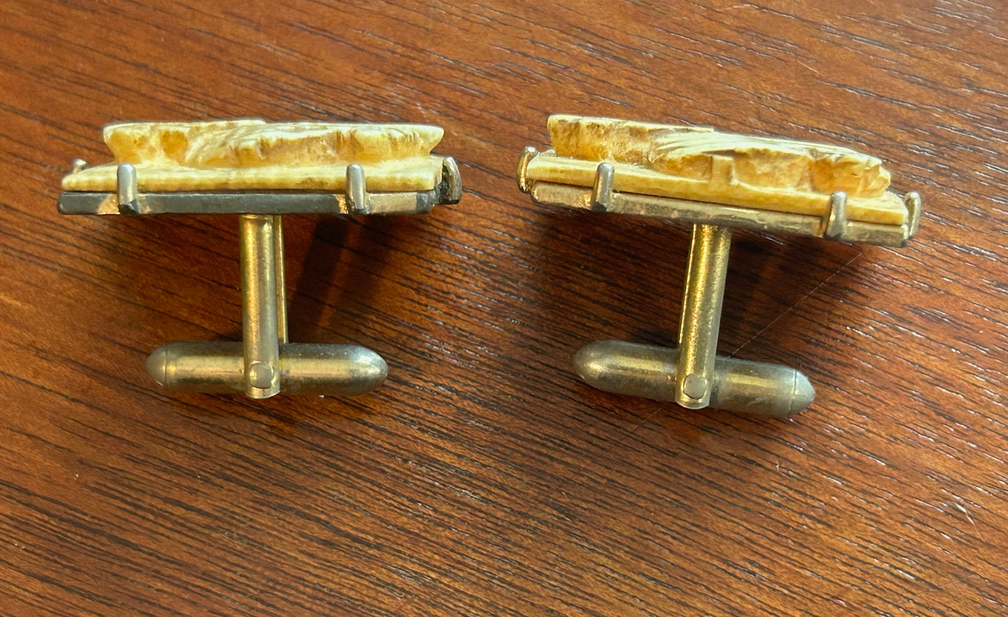 Vintage Midcentury Swank Carved Boat Cuff Links Gold Tone MCM