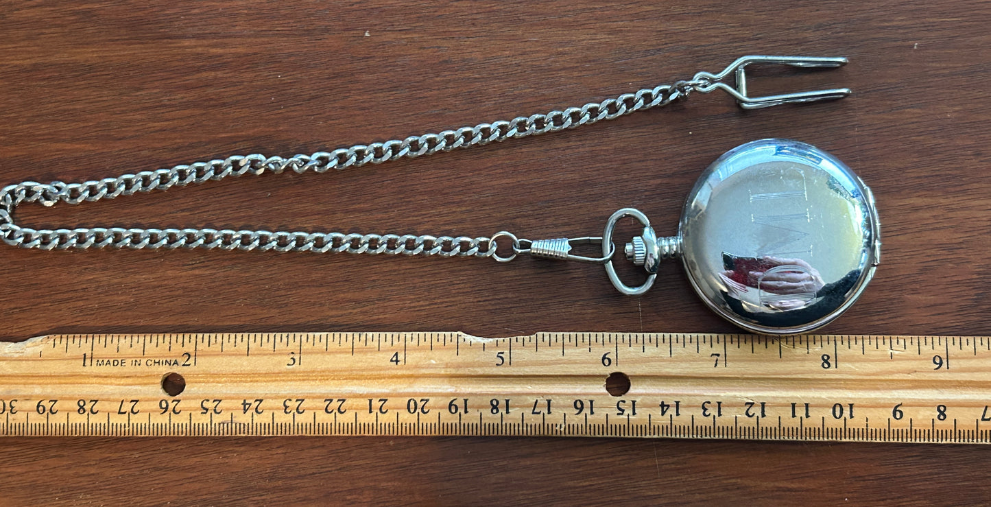 Silver Tone Alpine Quartz Pocket Watch with Chain Monogram DML