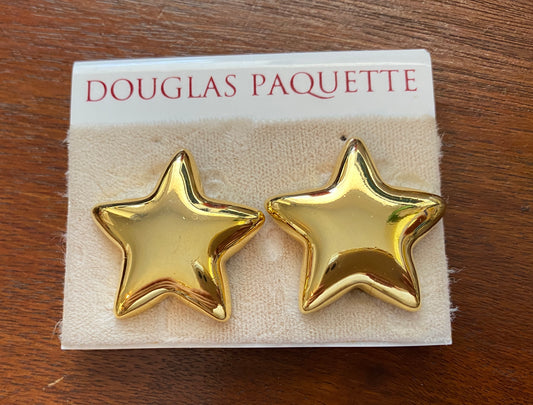 Vintage Gold Tone Douglas Paquette Puffy Star Clip on Earrings