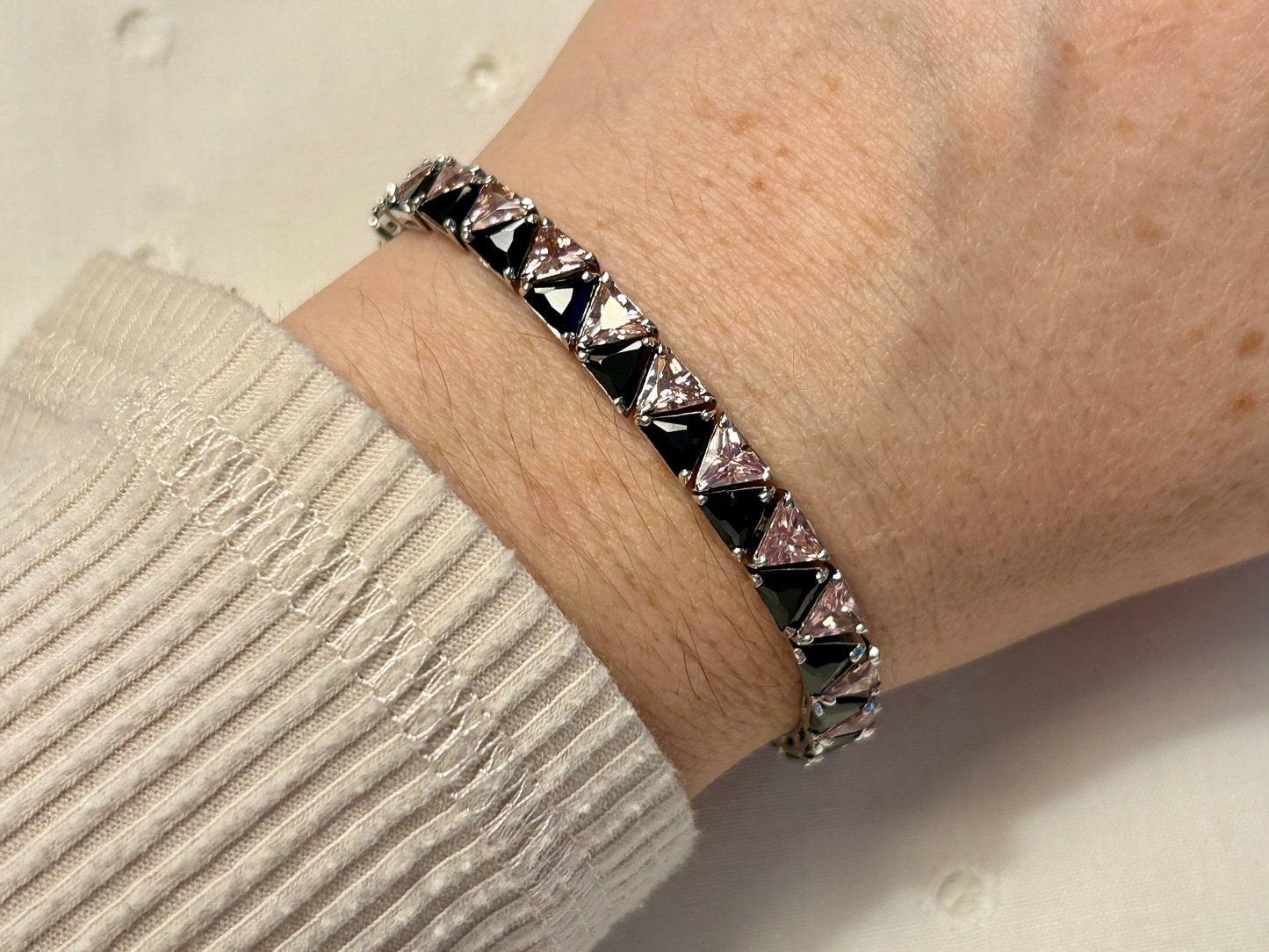 Sterling Silver Trillion Cut Black & Pink Tennis Bracelet