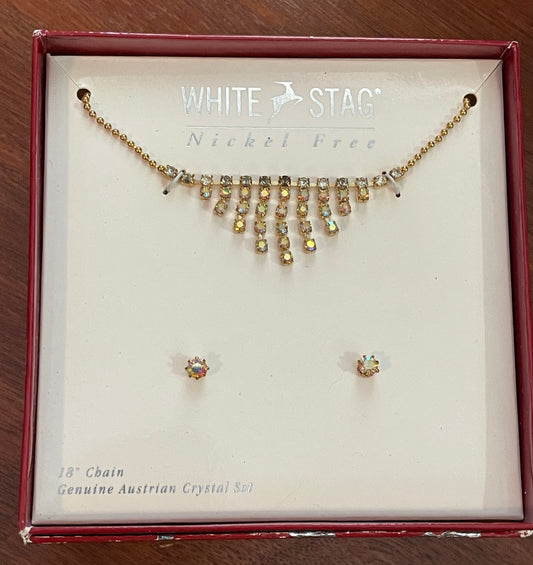 Gold Tone Genuine Austrian Crystal AB Aurora Borealis Necklace Earrings Set