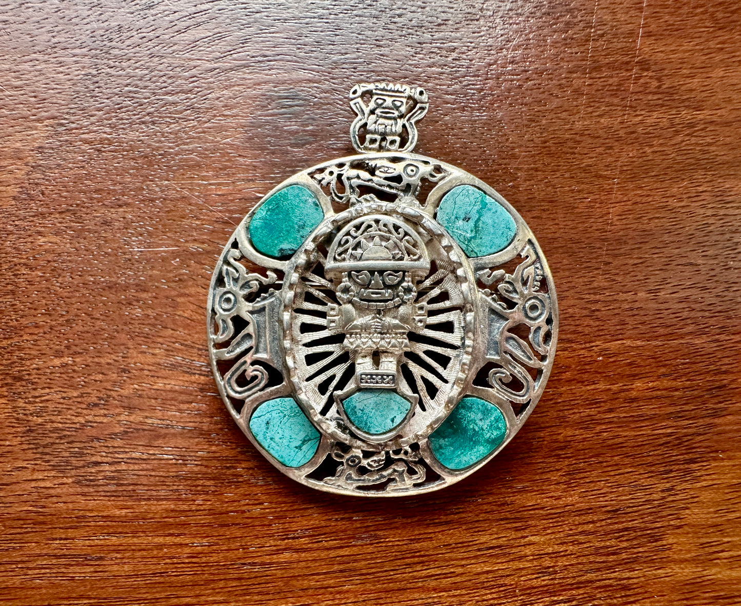 Vintage Sterling Silver 925 Turquoise Mayan Aztec Brooch Pin Necklace Pendant