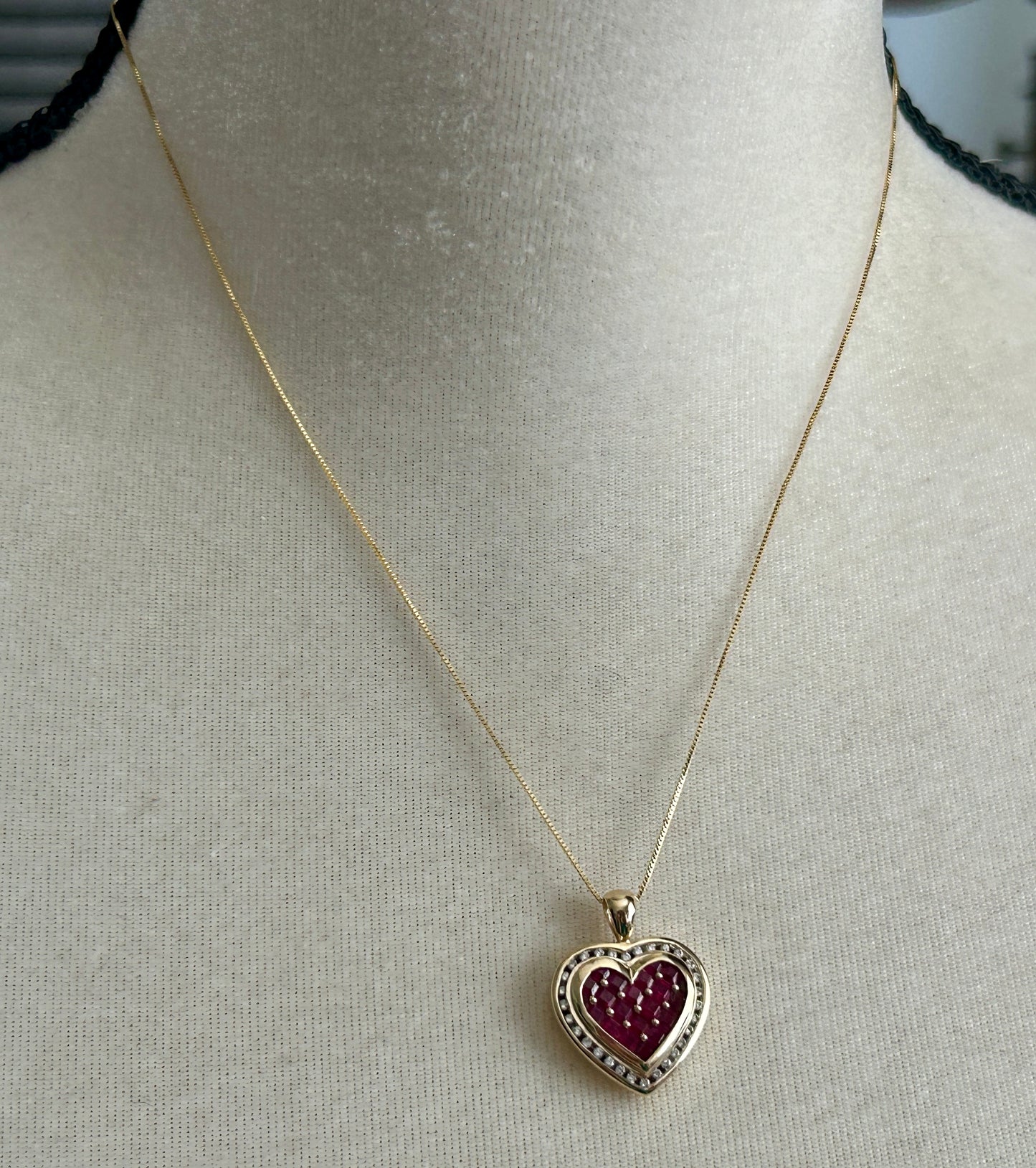 14k Yellow Gold Box Chain THL Keepsake Ruby Diamond Halo Heart Pendant Necklace