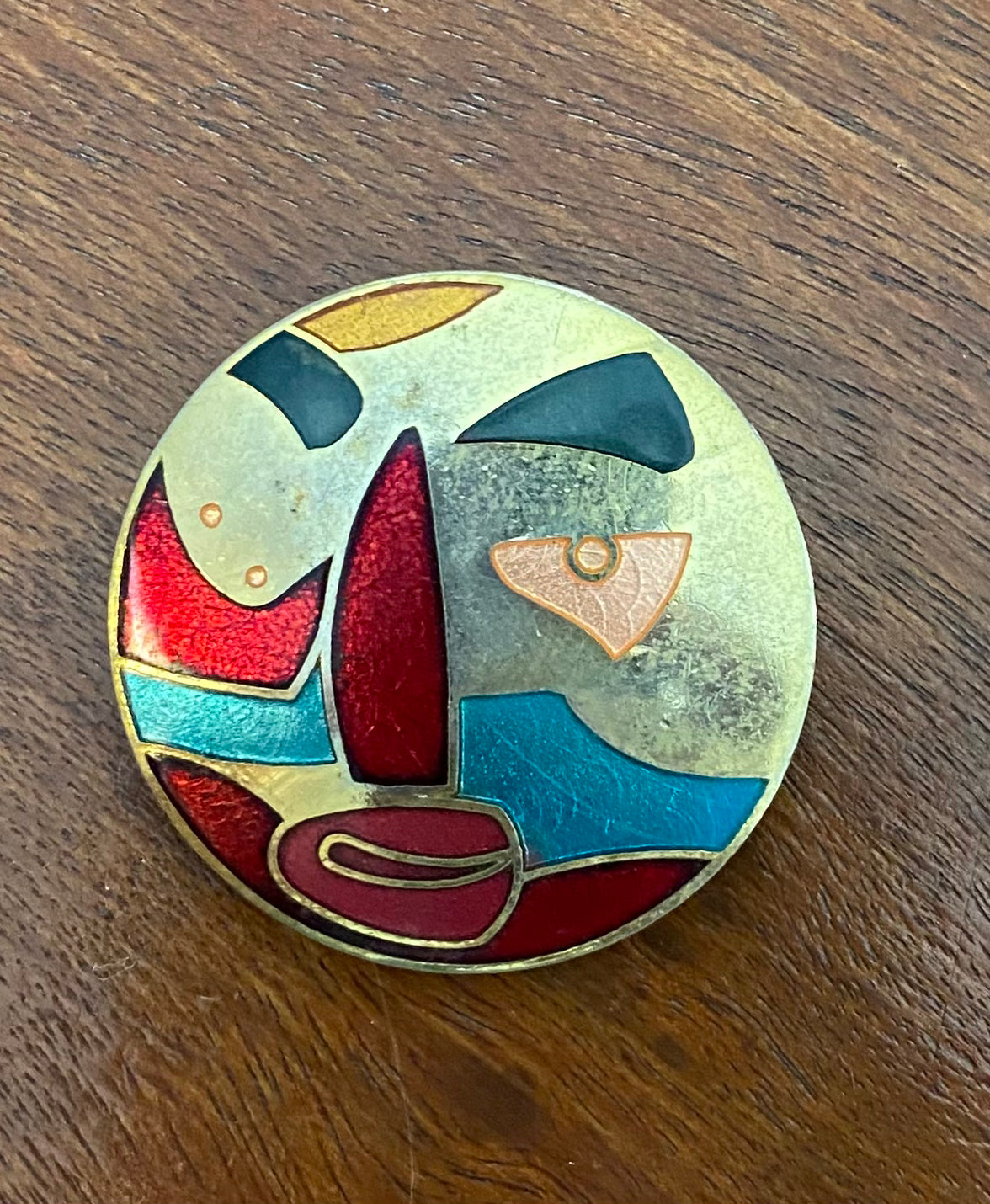 Vintage Gold Tone Colorful Enamel Metal Deco Modern Face Brooch