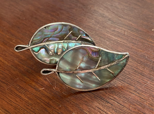 Vintage Taxco Sterling Silver 925 Abalone Inlay Leaf Screwback Earrings