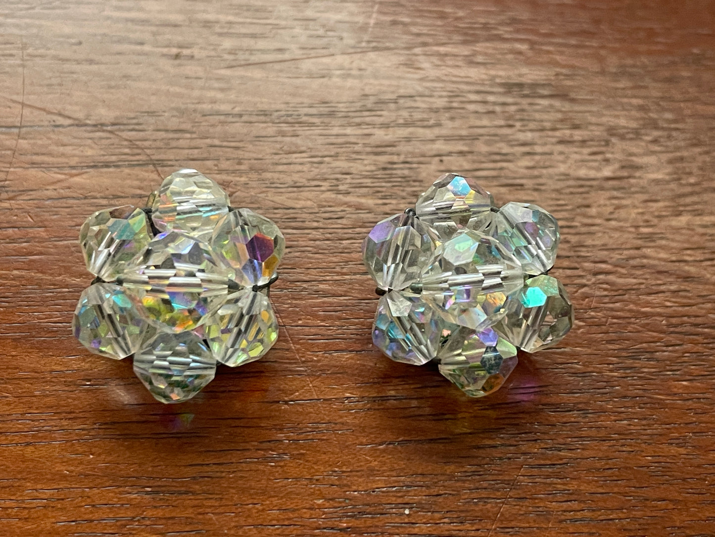 Vintage Small Aurora Borealis Cluster Clip On Earrings