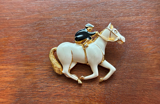 Vintage Gold Tone Black White Enamel Rhinestone Horse Jockey Derby Brooch Pin