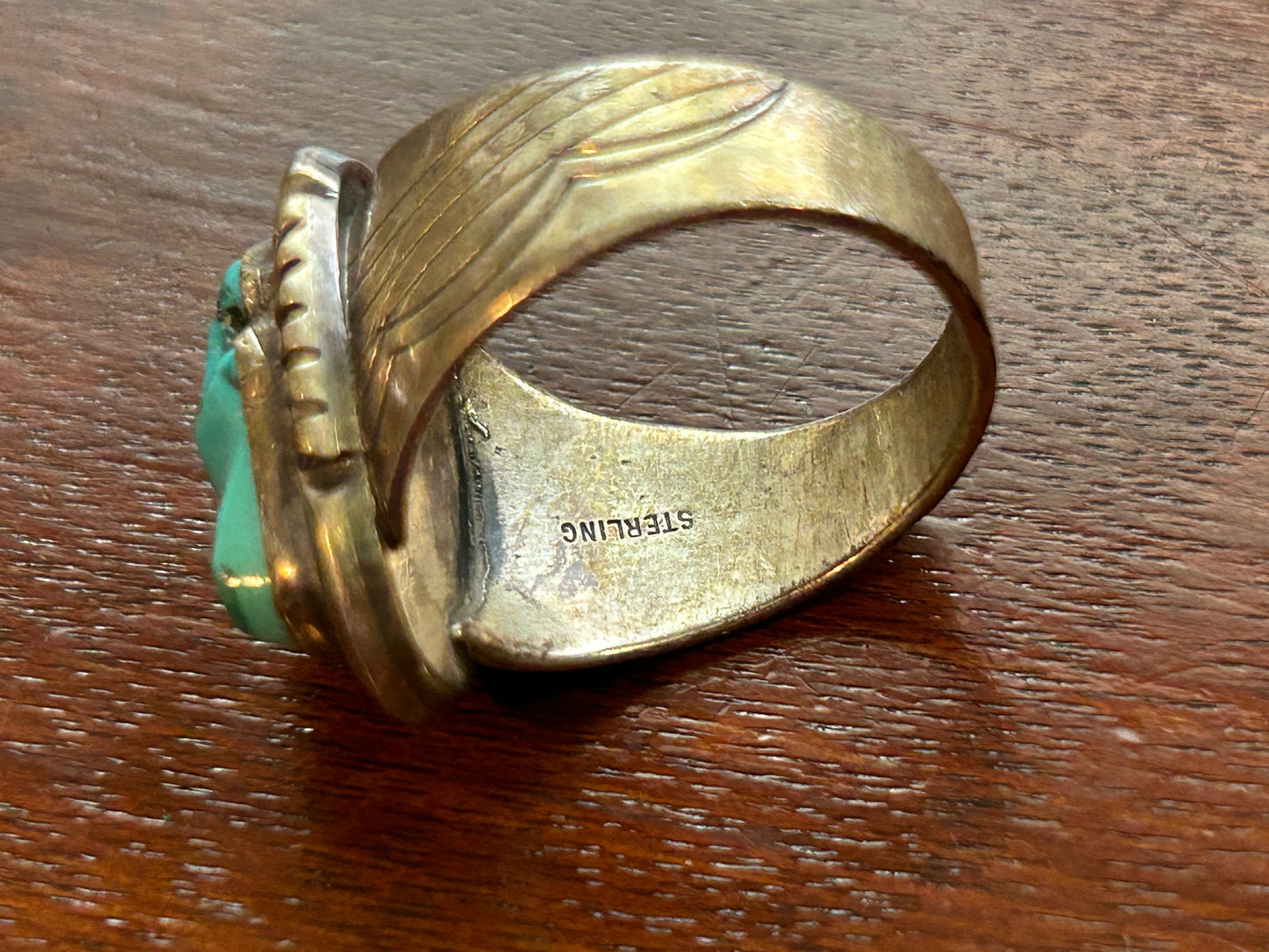 Vintage W Denetdale Navajo Mens Sterling Silver Turquoise Ring Sz 10.75