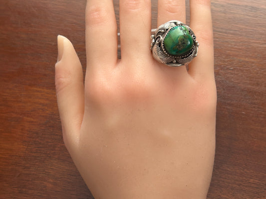 Vintage Sterling Silver 925 Large Green Blue Turquoise Cabochon Ring Sz 9.25