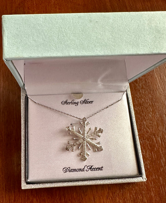 Sterling Silver 925 Diamond Accent Snowflake Winter Pendant Necklace 18" Chain