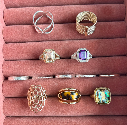 Lot of 12 Avon Costume Rings All Sz 10 Cocktail Rhinestone Bands In Box Silver