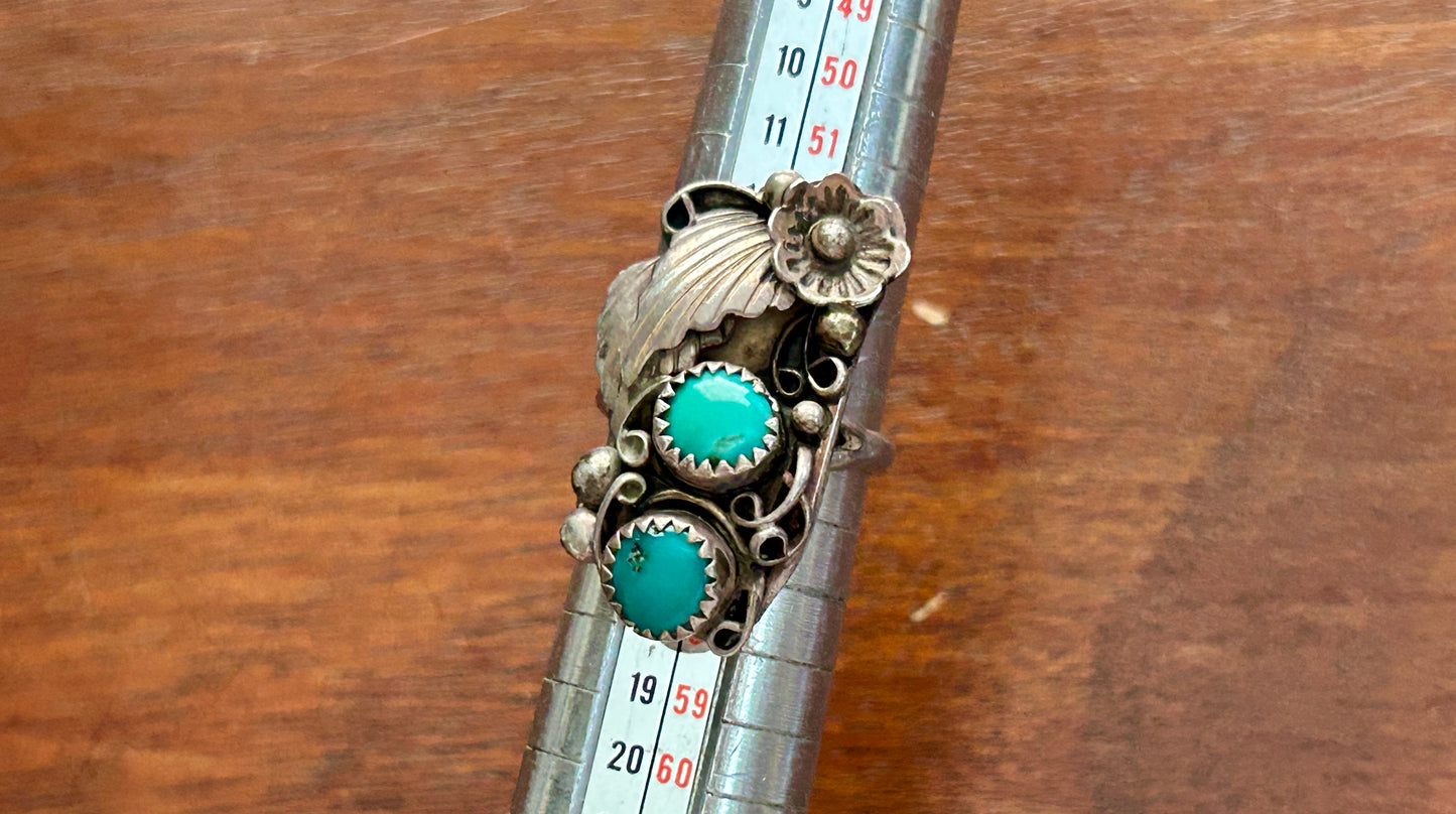 Native American Sterling Silver 925 Turquoise Ring Sz 7 Signed RHR Flower Motif