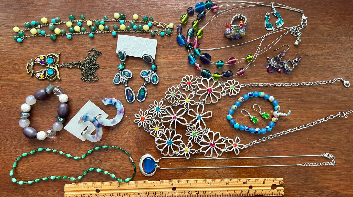 Vintage to Now Colorful Jewelry Lot Silver Blue Green Purple Beads Flowers Retro