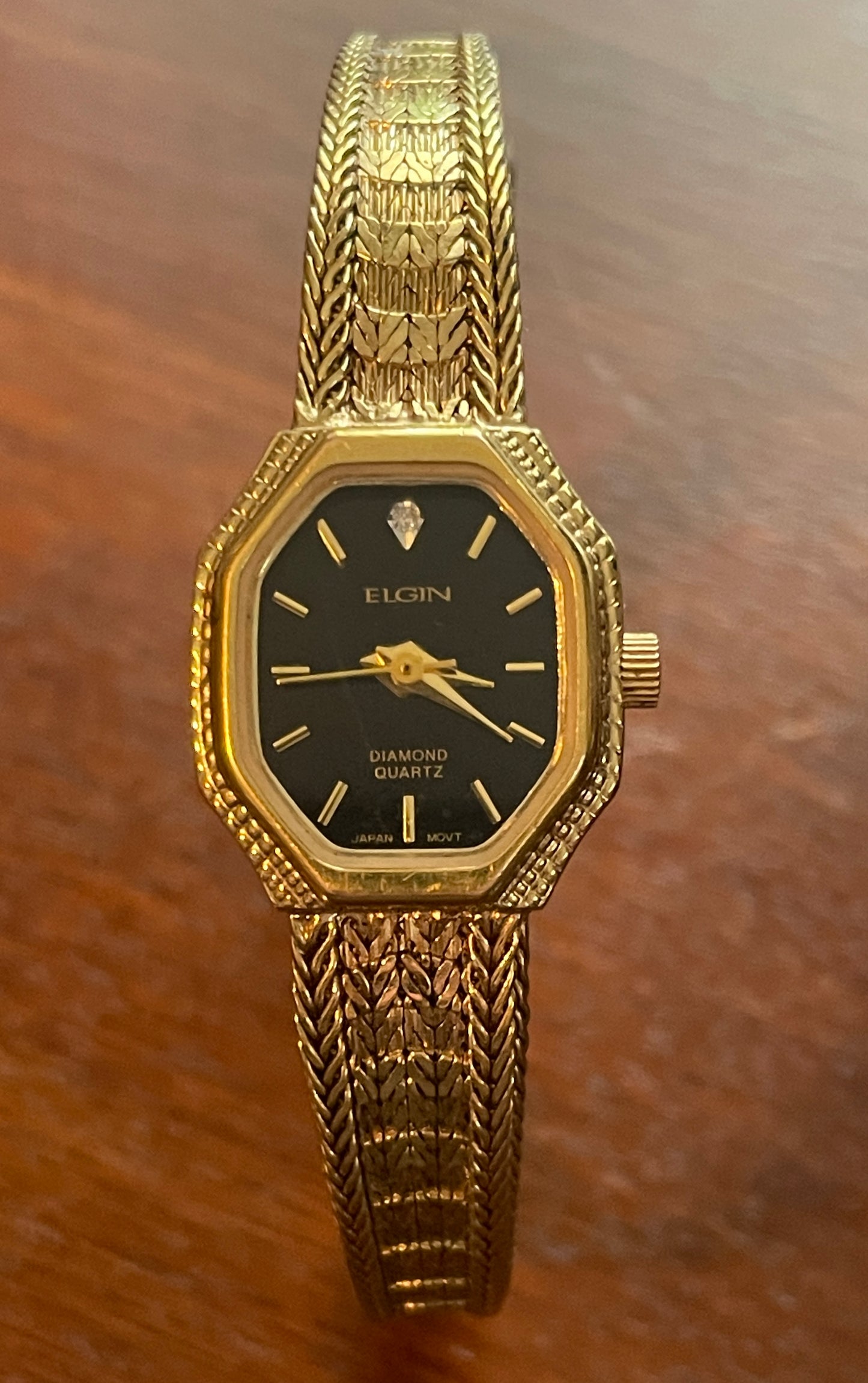 Vintage Elgins Women's Wristwatch Black Dial Herringbone Gold Tone Band