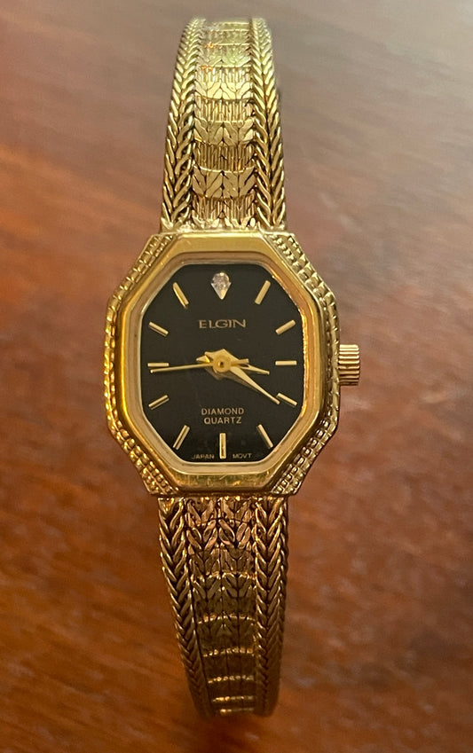 Vintage Elgins Women's Wristwatch Black Dial Herringbone Gold Tone Band