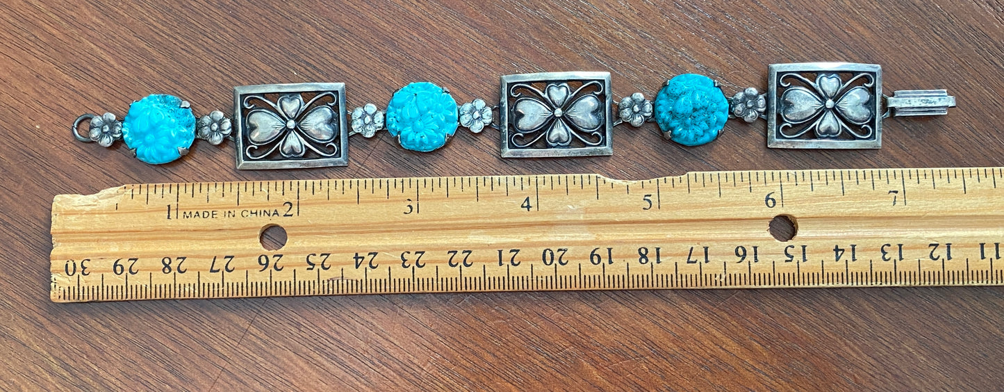 Sterling Silver 925 Faux Turquoise Flower Panel Bracelet