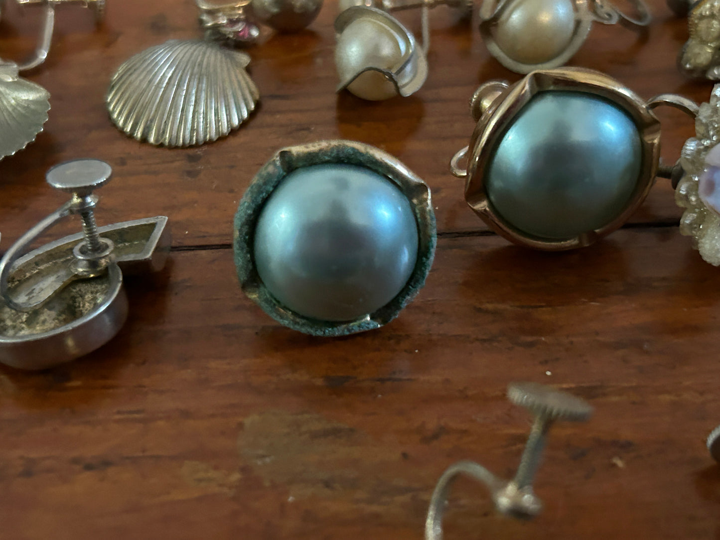 Vintage Screwback Earring Lot Shell Rhinestones Silver Gold Faux Pearl