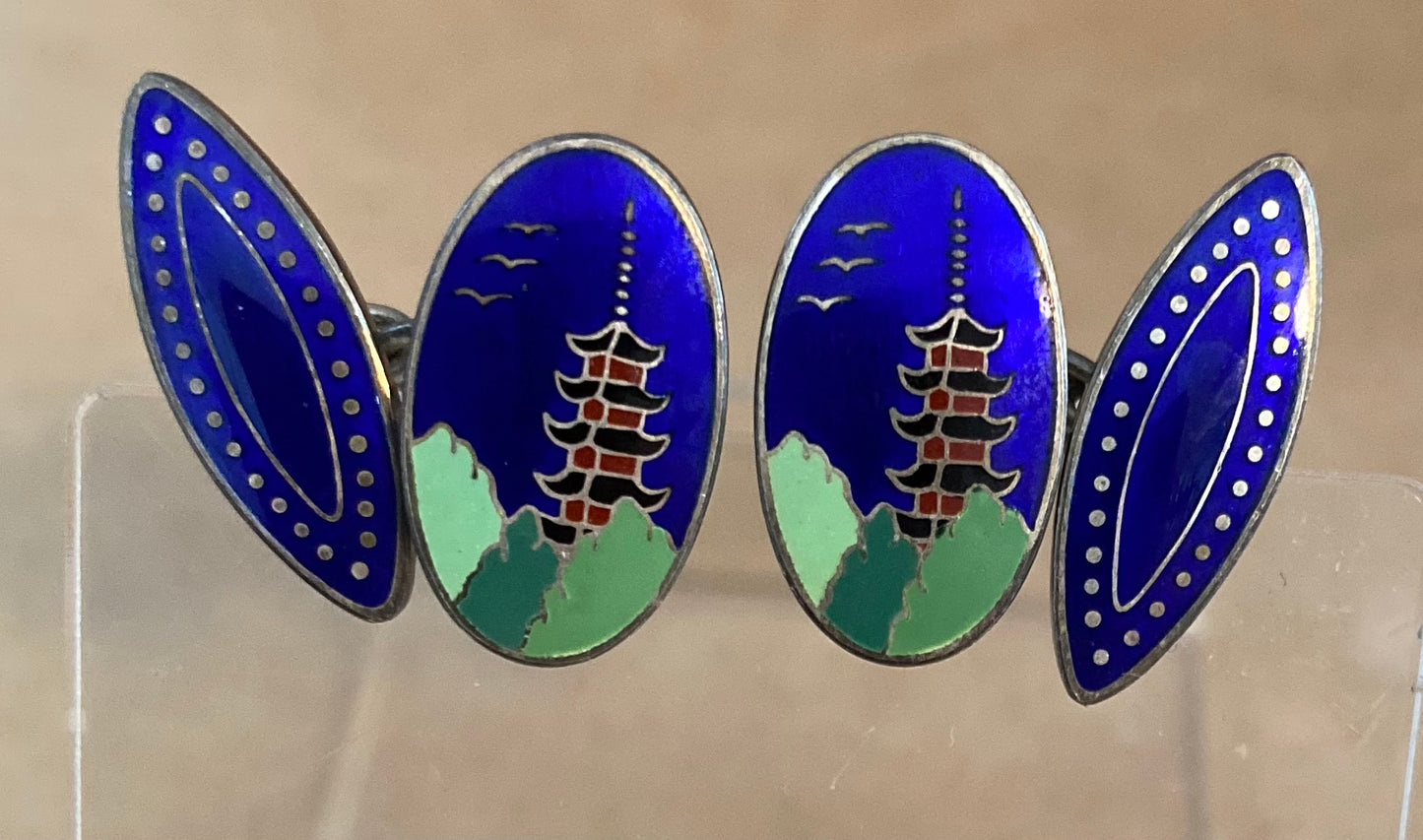 Vintage Silver Asian Pagoda Enamel Cuff Links