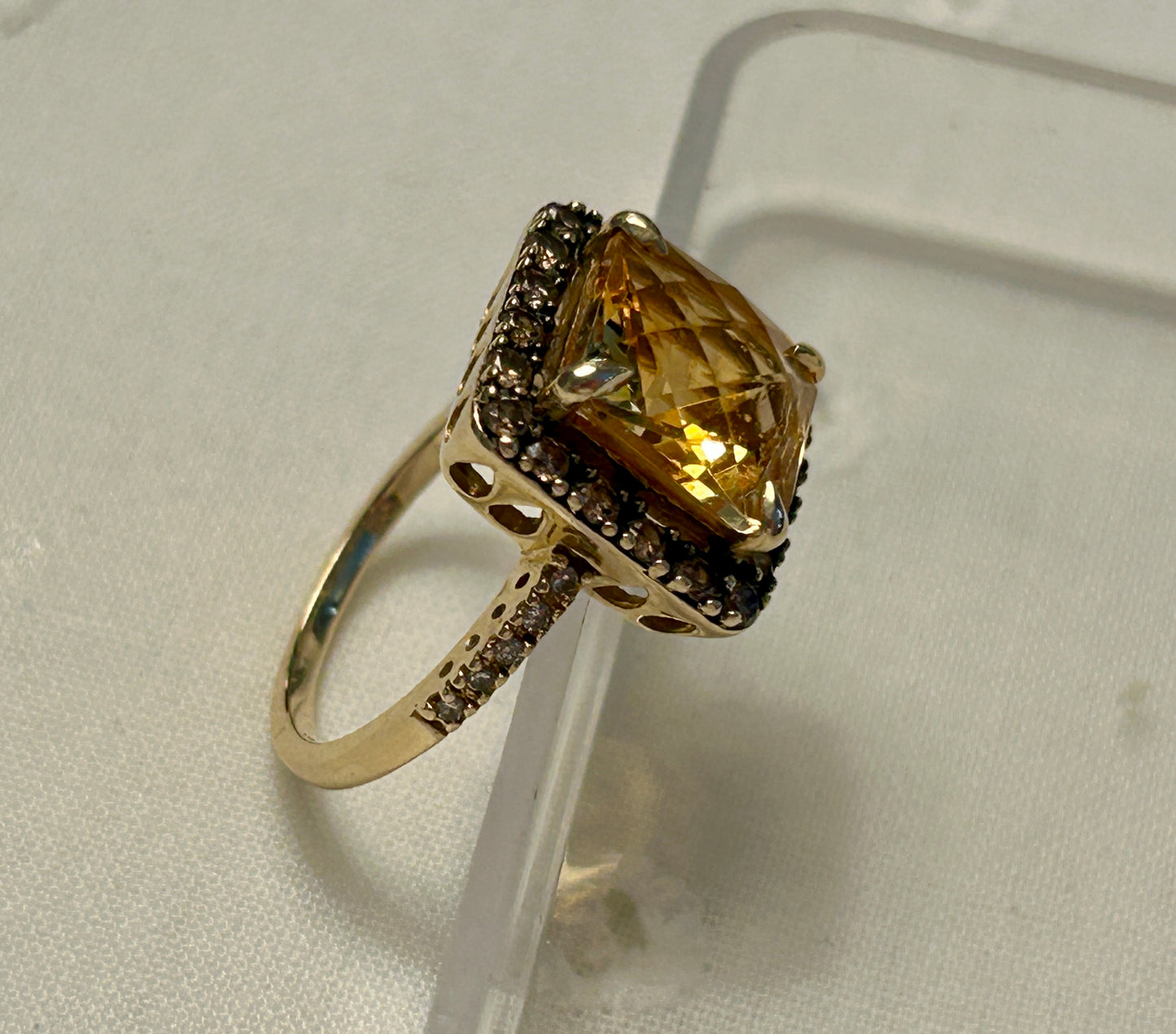 14K Yellow Ring Gold Square Cut Citrine With Chocolate Diamond Halo Signed