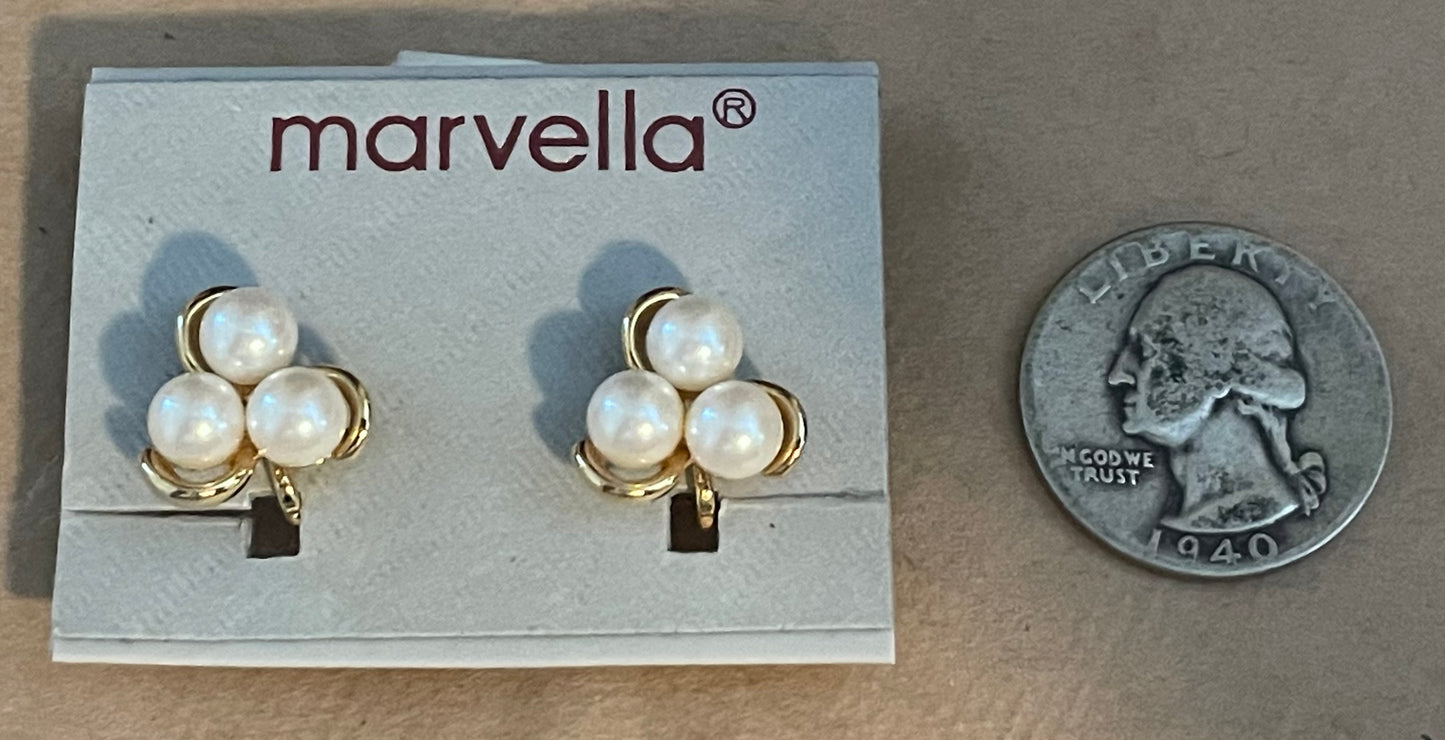 Vintage Marvella Gold Tone Faux Pearl Clip on Earrings