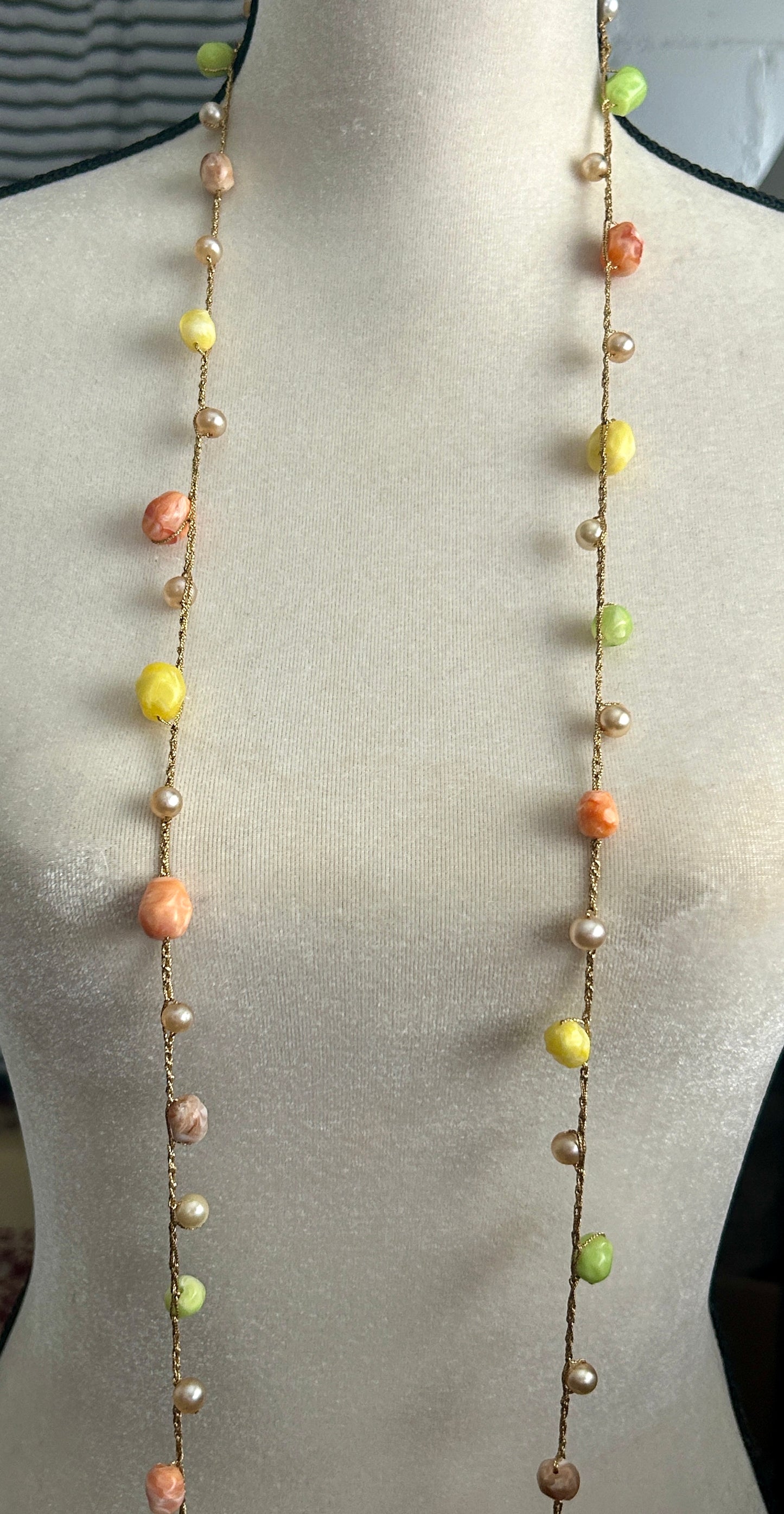 Vintage Gold Tone Chain Plastic Bead Operal Length Necklace