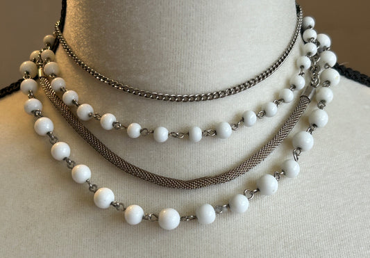 Vintage Silver Tone Milkglass Glass Bead Multistrand Choker Necklace