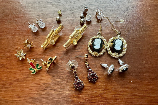 Vintage Earring Lot Pierced Cameo Enamel Drummer Boy Rhinestone