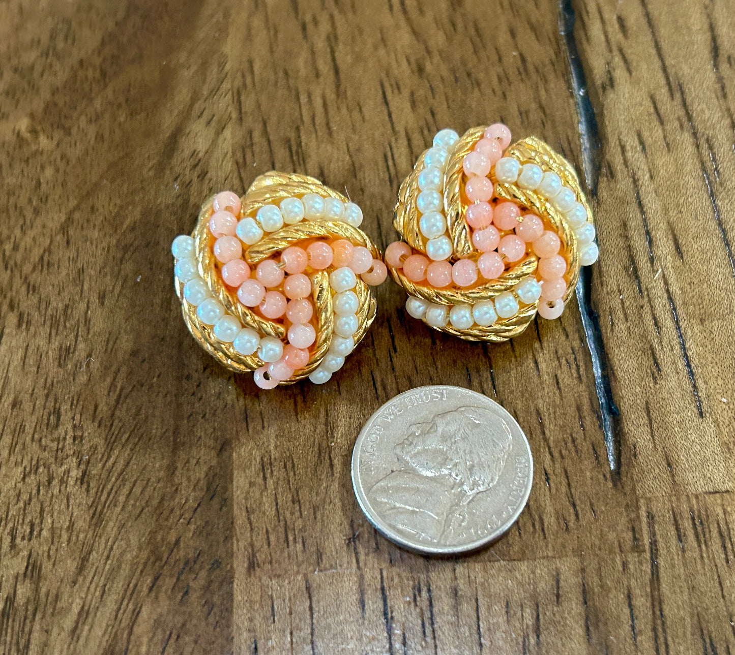 Vintage Signed Avon Beaded Faux Coral Pearl Clip On Earrings