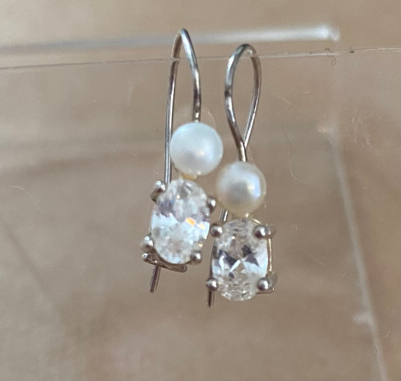 Sterling Silver 925 Oval Cubic Zirconia Pearl Pierced Drop Earrings