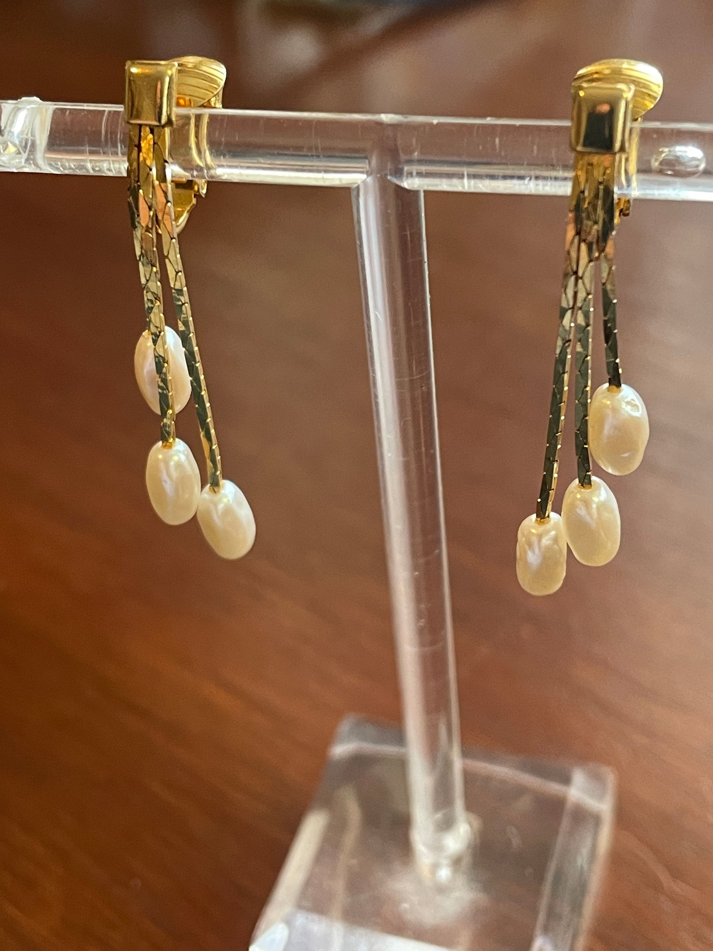 Vintage Gold Tone Faux Pearl Three Strands Dangle Clip On Earrings