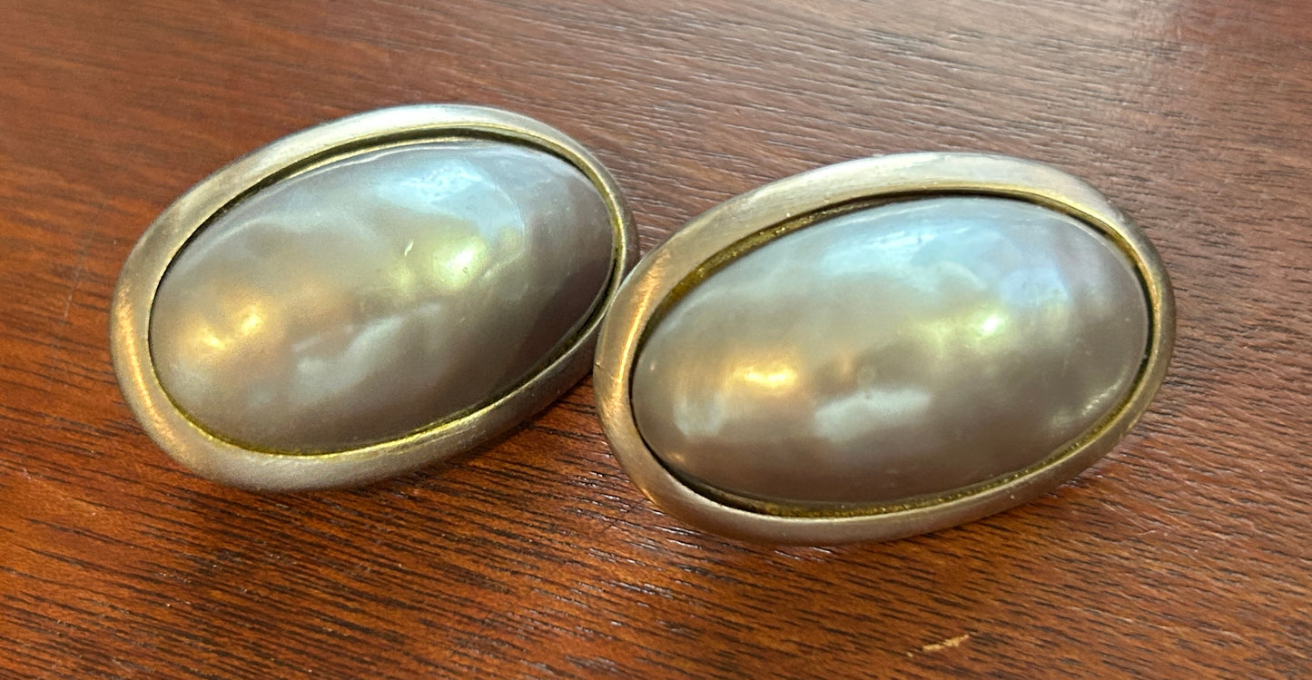 Vintage Large Gray Tone Faux Pearl Cabochon Silver Pierced Earrings