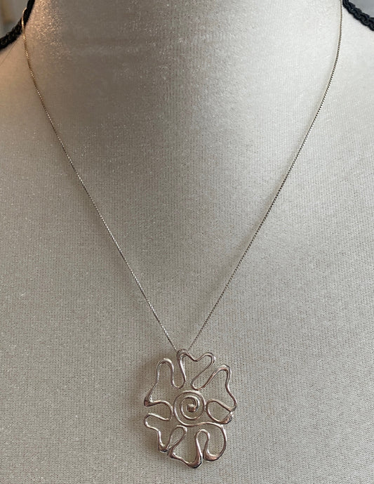 Signed FAS Sterling Silver 925 Open Work Flower Rose Pendant Necklace