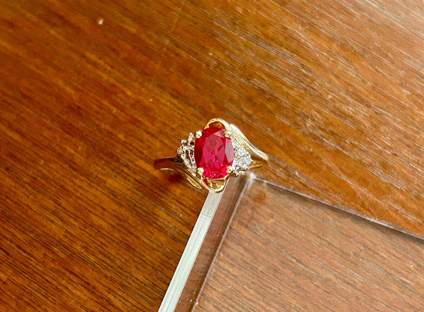 10k Yellow Gold Simulated Oval Ruby Diamond Accent Ring Sz 6.75