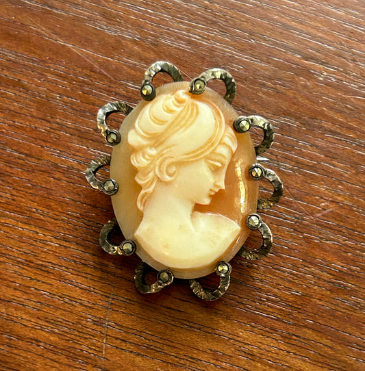 Vintage Antique 900 Silver Marcasite Real Cameo Brooch Pin Pendant