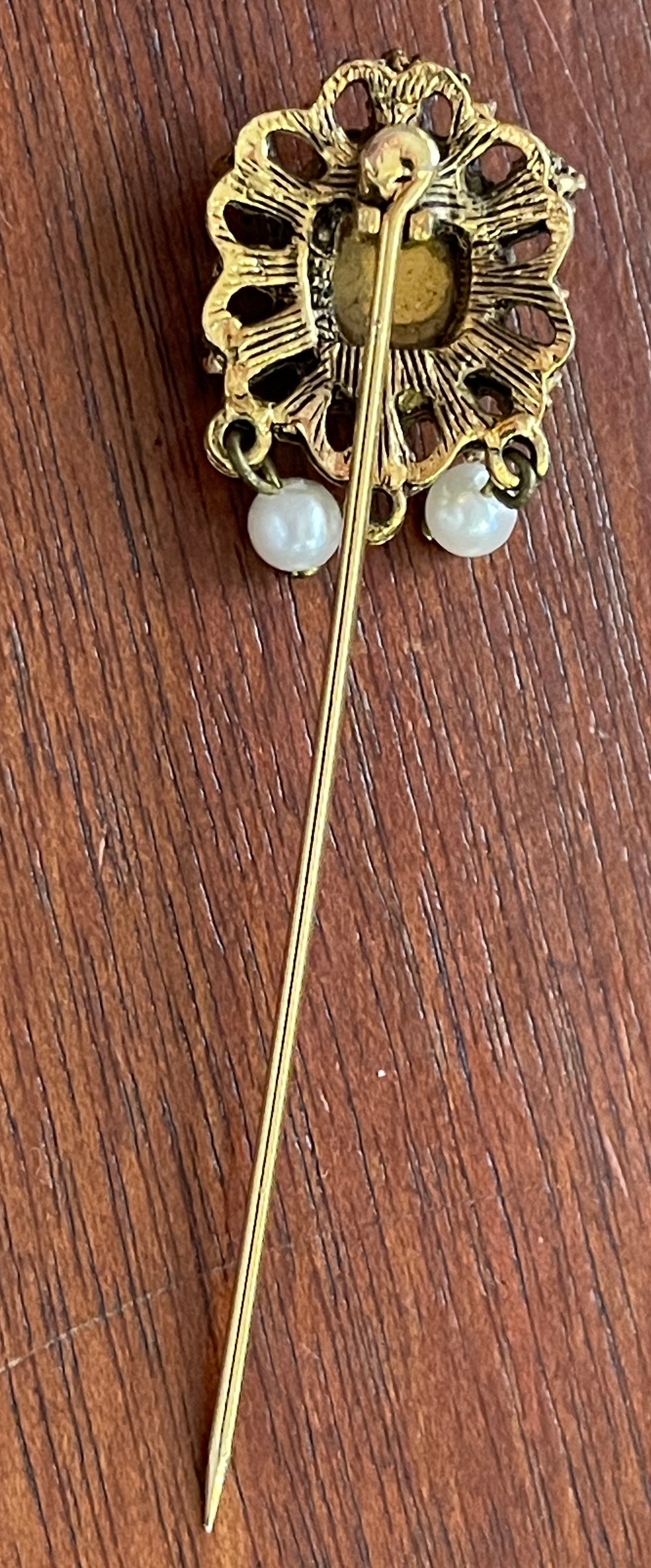 Vintage Gold Tone Hat Pin Red Glass Stone & Faux Pearl