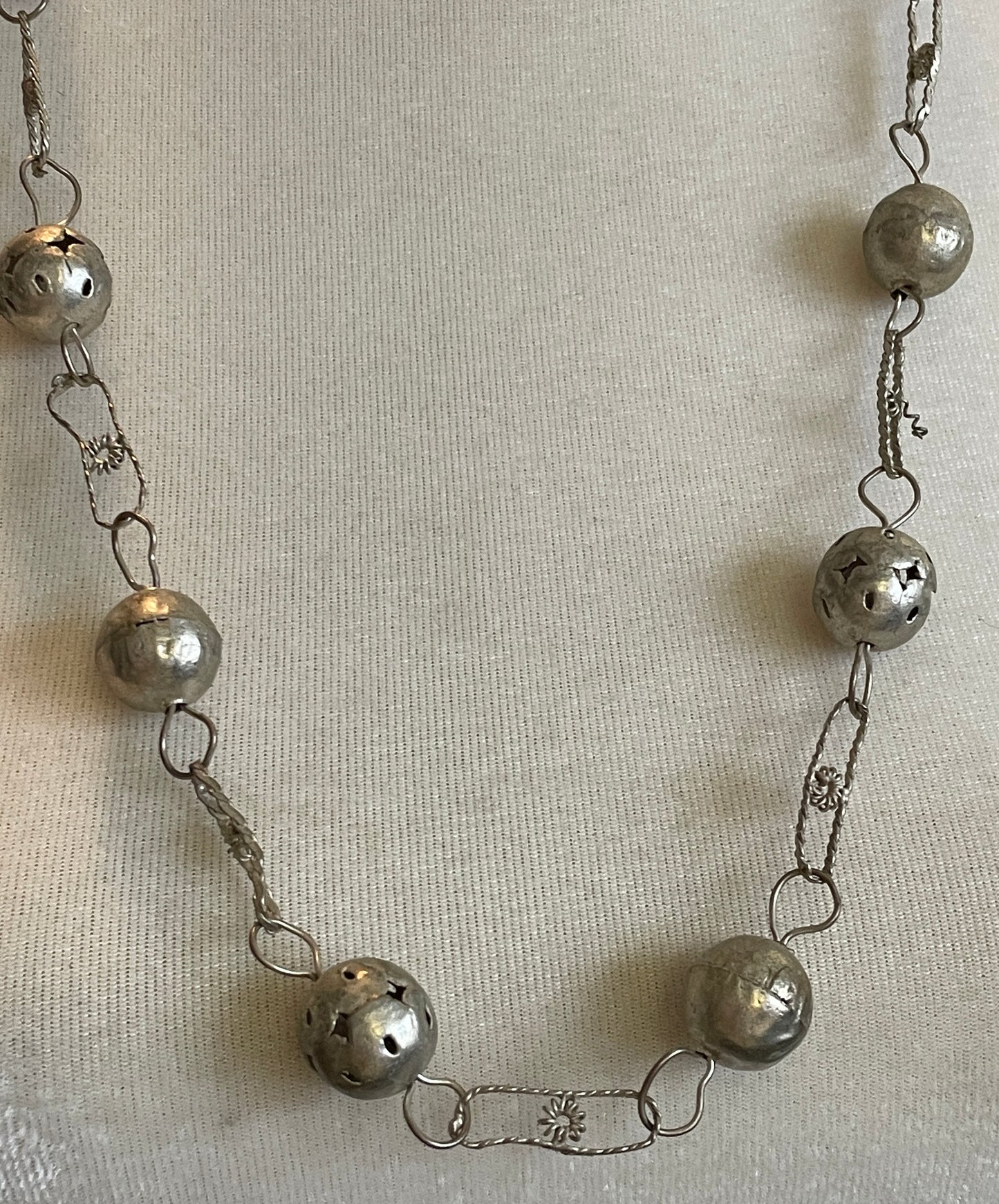 Vintage Long Silver Tone Chain & Ball Necklace Hook Style Clasp