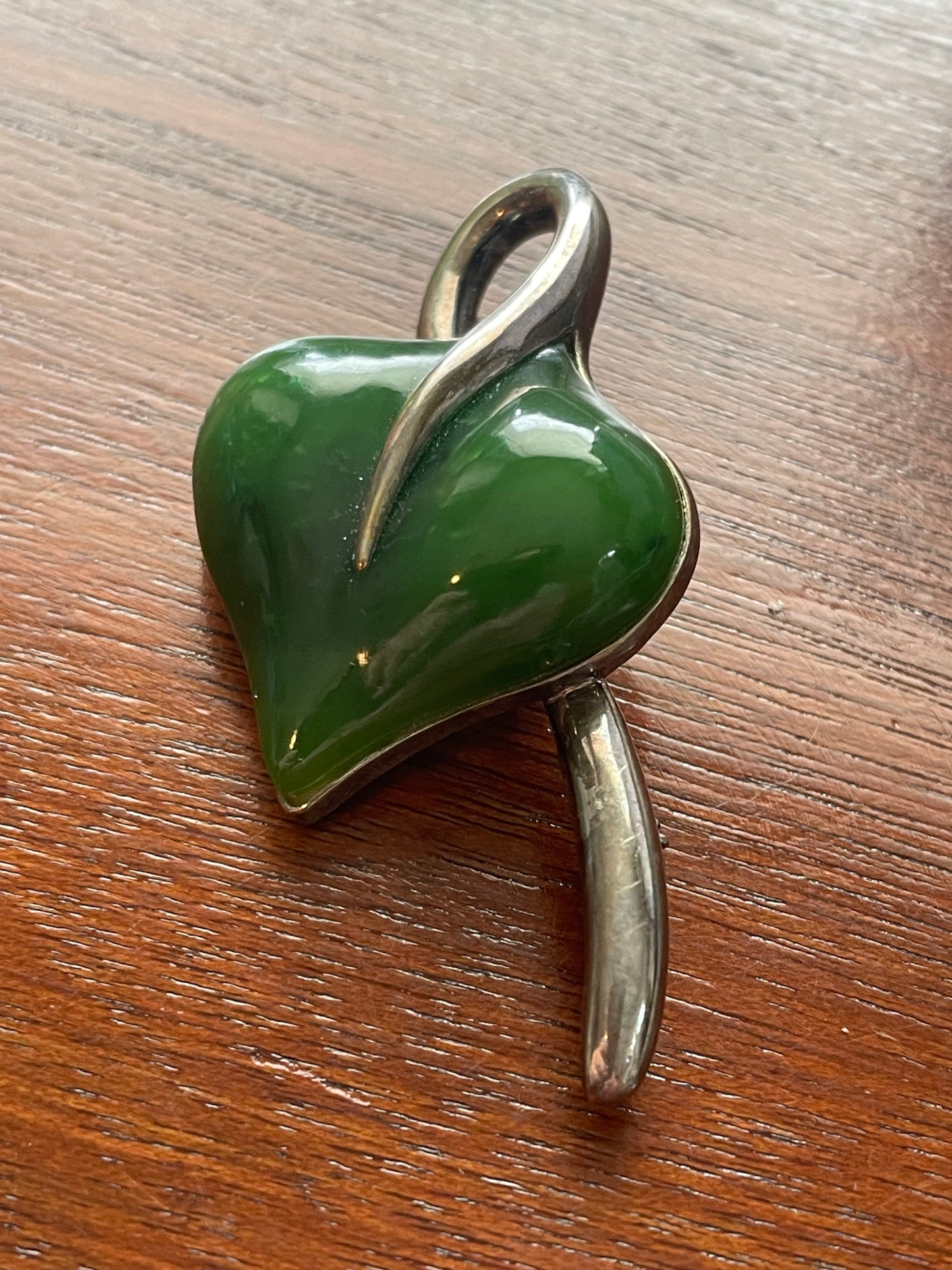 Vintage Angela Cummings Sterling Silver 925 Jade Aventurine Leaf Pendant Brooch