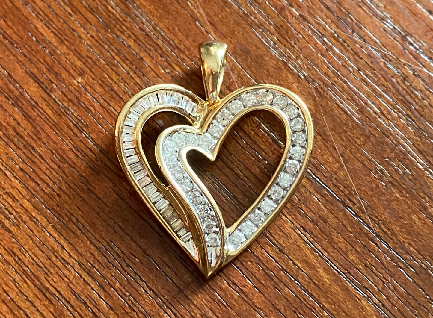 10k Yellow Gold Baguette Round .50ctw Diamond Heart Pendant Signed SUN