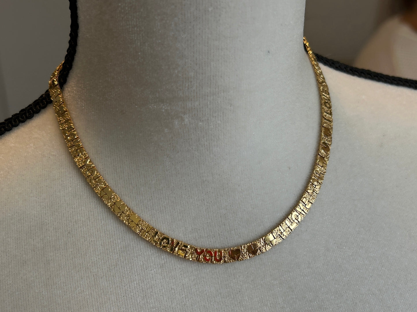 Vintage Gold Tone Wide Textured "I Love You" Collar Necklace