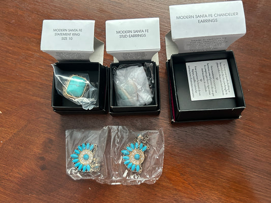 NEW Contemporary Avon Modern Santa Fe Jewelry Set Gold Turquoise Ring Earrings