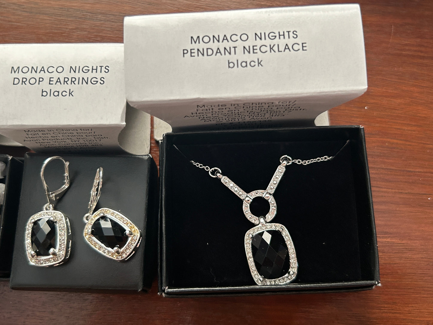 Contemporary Avon Jewelry Set Monaco Nights Silver Tone Black Necklace Earrings