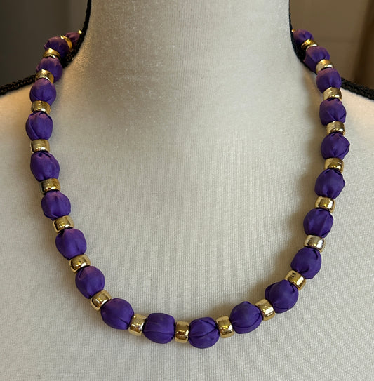 Vintage Cloth Covered Royal Purple Gold Bead Tie Clasp Necklace