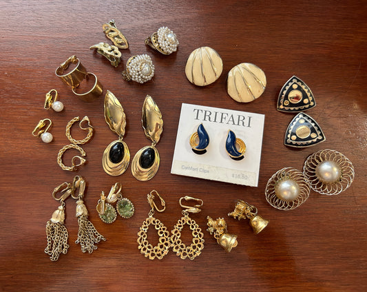 Vintage Lot of Clip On Earrings 80's Doorknockers Enamel Dangly Tassel Pearl