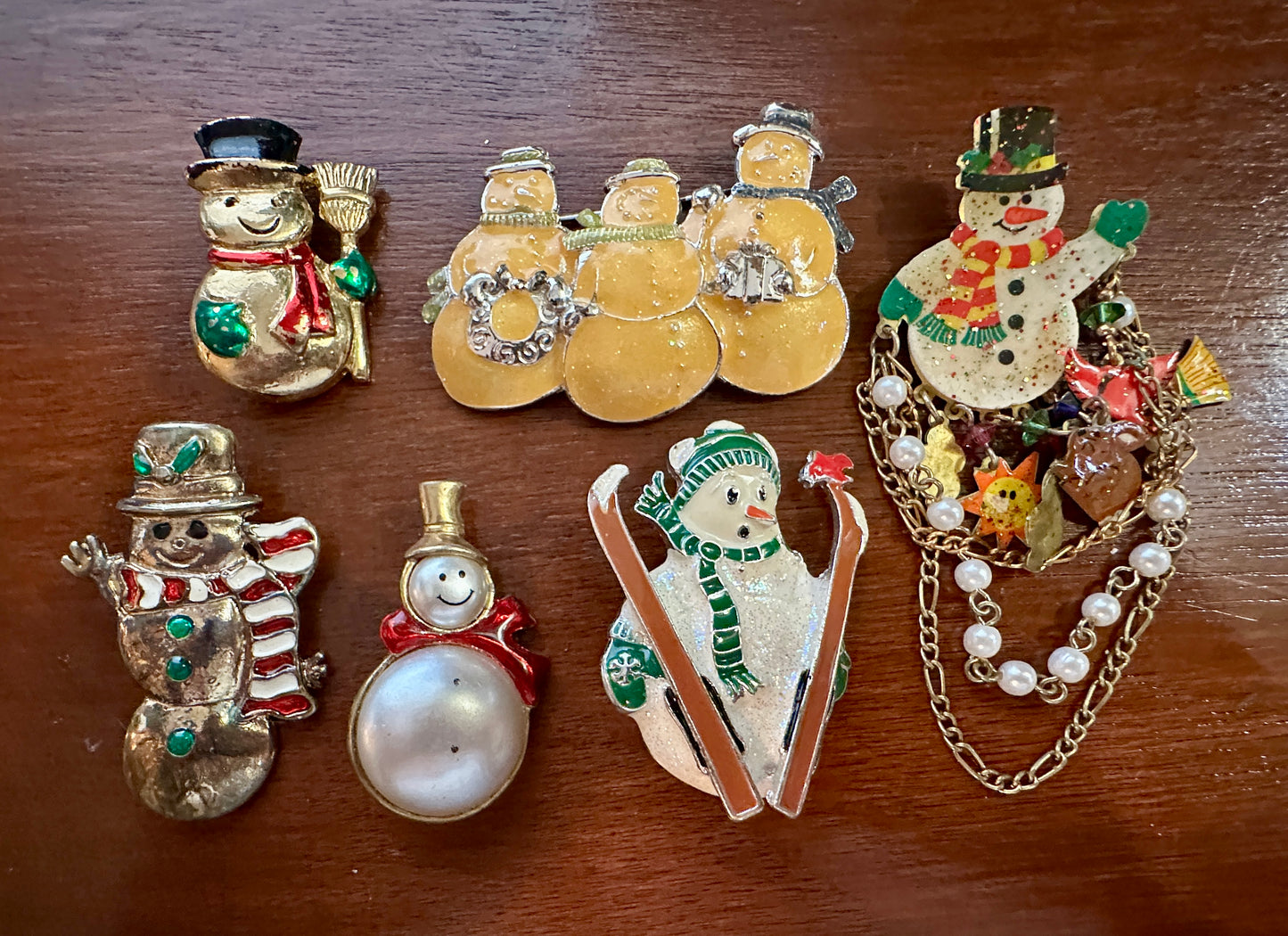 Vintage to Now Winter Them Snowmen Snowman Brooch Lot Enamel Rhinestone Pearl